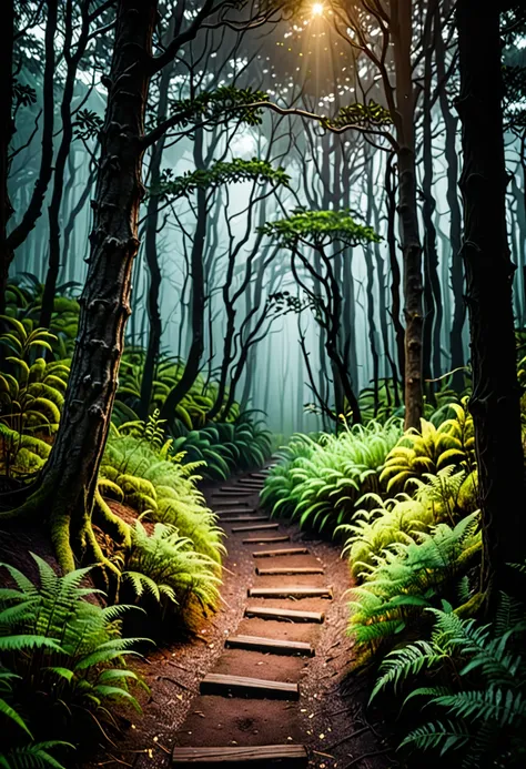 picture of small path in the dark tall tree  forest leading to distant holy and magical forest