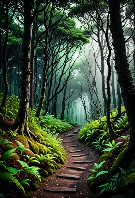 picture of small path in the dark tall tree  forest leading to distant holy and magical forest