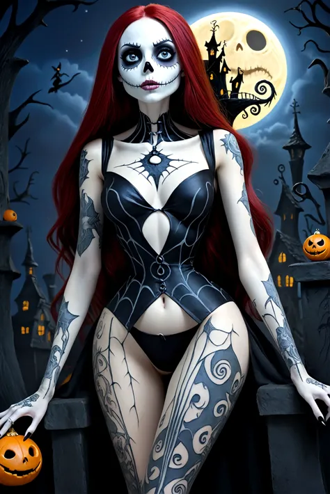 Create a hyper detailed photograph of a nightmare before Christmas tattooed young sexy sally Skellington, Stunningly perfect gorgeous face, perfect makeup,detailed vibrant eyes, long hair,detailed perfect beautiful legs, detailed perfect beautiful arms, re...