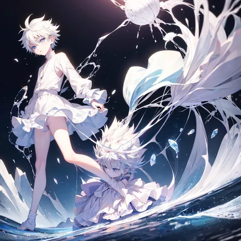 

(((killua zoldyck))) White hair,short hair,blue eyes , blue shirt ,full body ,Graceful body,hot,shyly, fascinated by