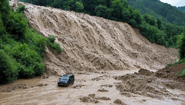 A waterfall of mud due to torrential rain forms a flood that destroys the region of Piedmont and Valle d&#39;Aosta in Italy.