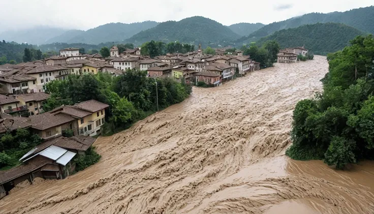 A waterfall of mud due to torrential rain forms a flood that destroys the region of Piedmont and Valle d&#39;Aosta in Italy.