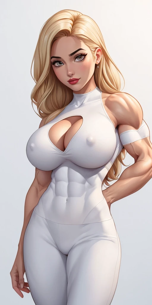 Masterpiece, highly detailed, high res, dynamic, A image of a woman in a white top and white pants, ((((Massive breasts)))), (muscular), ((((huge muscles)))) fanart da coelhinha lola, commission for high resolution, CO Commission, Gwen Stacy, corpo perfeit...