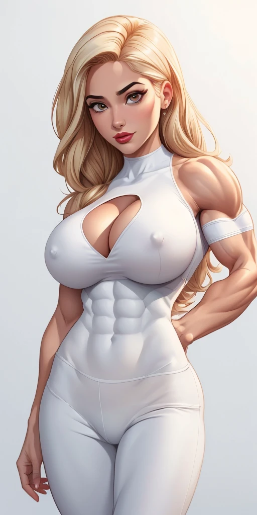 Masterpiece, highly detailed, high res, dynamic, A image of a woman in a white top and white pants, ((((Massive breasts)))), (muscular), ((((huge muscles)))) fanart da coelhinha lola, commission for high resolution, CO Commission, Gwen Stacy, corpo perfeit...