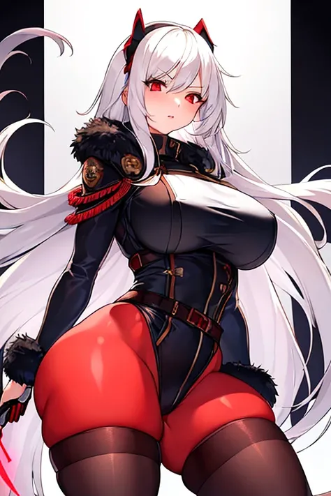 1girl, white hair, long hair, red eyes, serious, glowing eyes, large breasts, thick thighs, mature female, toned, leotard, black leotard, thighhighs, belt, knife, fur trim, fur, jacket, pantyhose