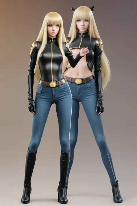 Anime style female character inspired by vintage space opera aesthetics, with elongated facial features, 165 cm tall, having blond, waist-length, wavy hair with V bangs, and blue eyes. She is wearing tight skinny jeans with high boots over them, adding an ...