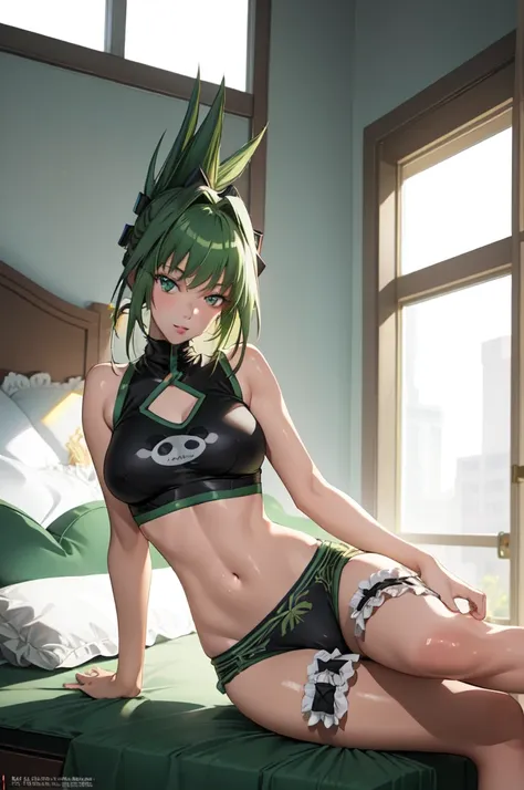 masterpiece, best quality, 1girl, solo, green hair, folded ponytail, green eyes, tao jun, large breasts, room, bra, thong, navel...