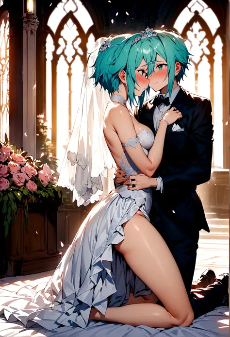 NSFW,masterpiece,Highest quality,High resolution,Super detailed,Sinon(Sword Art Online),(High quality sexy wedding dress),High-quality wedding lingerie,Wedding Veil,tiara,gem, hair ornaments, Hair Clip,wedding ring,Embarrassed,expectant face,(sexual excite...