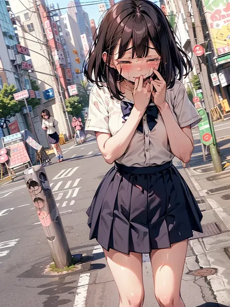 (((pussy juice:1.5,crying face, blush))),are standing, navy pleated skirt, on the way to school, blush