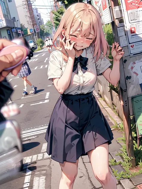 (((pussy juice:1.5,crying face, blush))),are standing, navy pleated skirt, on the way to school, blush