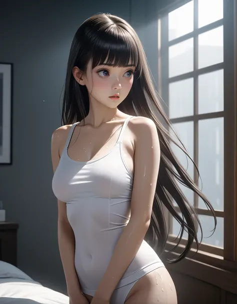 (2.5d anime, realistic,best quality, masterpiece, high resolution),cowboy shot,1woman,25 year old beauty,black hair,long hair,blunt bangs,black eyes,gorgeous eyes,shy,White tight tank top、Light grey sweat shortedium breasts,(skinny,slender body),gleaming s...