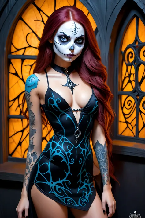 Create a hyper detailed photograph of a nightmare before Christmas tattooed young sexy sally Skellington, Stunningly perfect gorgeous face, perfect makeup,detailed vibrant eyes, long hair,detailed perfect beautiful legs, detailed perfect beautiful arms, re...