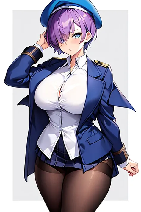 1girl, very short hair, purple hair, pixie cut, one eye covered, hair over one eye, jacket, blue eyes, beret, serious, white shirt, shirt, skirt, headphoned, large breasts, thick thighs, pantyhose, black pantyhose, mature female, milf