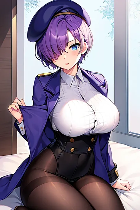 1girl, very short hair, purple hair, pixie cut, one eye covered, hair over one eye, jacket, blue eyes, beret, serious, white shirt, shirt, skirt, headphoned, large breasts, thick thighs, pantyhose, black pantyhose, mature female, milf