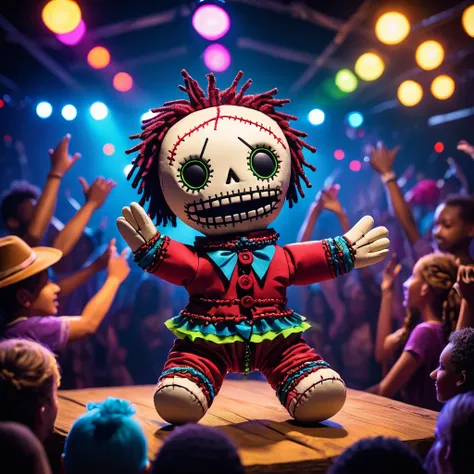 (knitted toy voodoo doll:1.5), (Voodoo in Open Air Concert:1.3), (Clothing: festival attire:1.0), (Accessories: music program, glow stick:1.1), (background: lively open-air concert with floating notes, glowing stage lights, and dancing crowd:1.2), best qua...