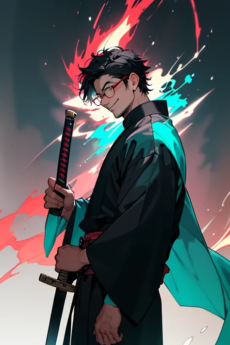 Beautiful young man with short black hair and blsck rim glasses. Magic samurai clothes. Black clothes. He is smirking. controlling the magic of teal lightning with samurai sword. Decorated with skulls. Evil magic. Background is a red evil streaky sky. Dark...