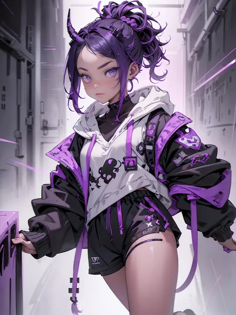 boy, thoughtful look, open forehead, black and purple hair braided into a ponytail on the left side in a bun. small curly black horns wrapped in white ribbon, pale violet eyes, short dark purple shorts. Long white t-shirt. dark purple knee socks. dark purp...