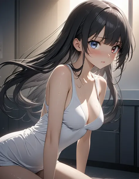 (2.5d anime,best quality, masterpiece, high resolution),cowboy shot,1woman,25 year old beauty,black hair,long hair,blunt bangs,black eyes,gorgeous eyes,shy,White tight tank top、Light grey sweat shortedium breasts,(skinny,slender body),gleaming skin,oily sk...