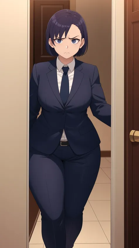 masterpiece, 1girl behind a doorway, from front, doorstuck, wide hips,  thick thighs, colorful clothing, wearing suit and tie and formal pants, upset 