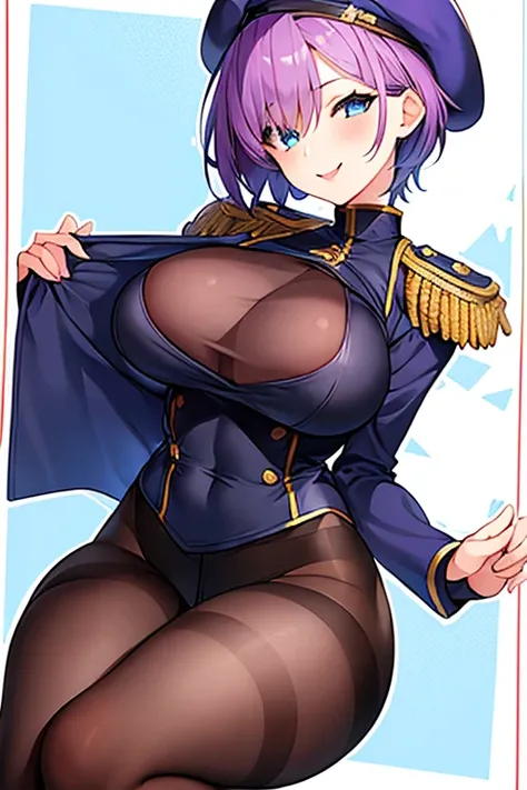 1girl, very short hair, purple hair, pixie cut, one eye covered, hair over one eye, jacket, blue eyes, beret, smile, skirt, large breasts, thick thighs, pantyhose, black pantyhose, mature female, milf, epaulettes