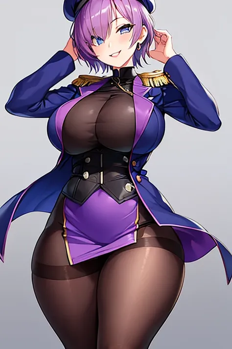 1girl, very short hair, purple hair, pixie cut, one eye covered, hair over one eye, jacket, blue eyes, beret, smile, skirt, large breasts, thick thighs, pantyhose, black pantyhose, mature female, milf, epaulettes