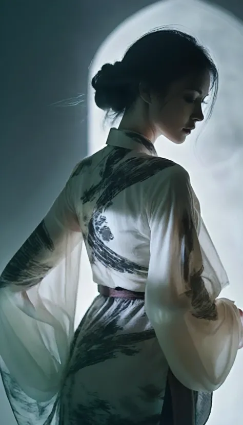 double exposure style,Volumetric lighting,Girl wrapped in a blouse,Arching her back,Traditional costumes,calligraphy ink art,light depth,Dramatic mood lighting,Volumetric lighting,Double image ghosting effect,Image combination,double exposure style,