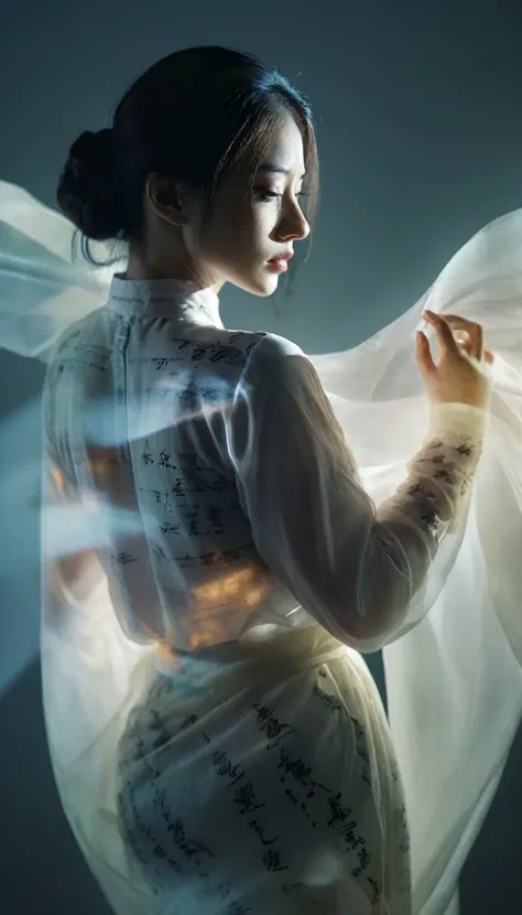 double exposure style,Volumetric lighting,Girl wrapped in a blouse,Arching her back,Traditional costumes,calligraphy ink art,light depth,Dramatic mood lighting,Volumetric lighting,Double image ghosting effect,Image combination,double exposure style,