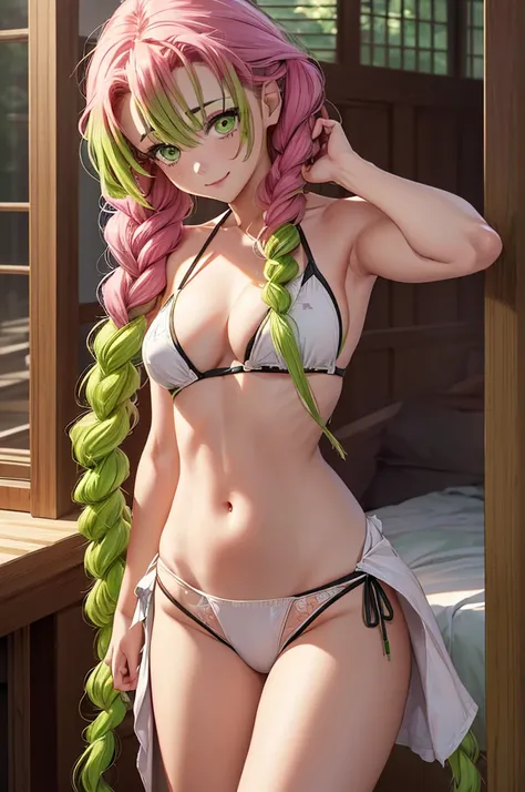 masutepiece, Mitsurikan Log, Mitsuri Kanroji, braid, Gradient Hair, (Green eyes:1.5), Green hair, Long hair, mole, mole under the eyes, multicolored hair, Pink hair, Twin braids, Two-tone hair, cleavage, BREAK looking at viewer, Break indoors, BREAK (masut...