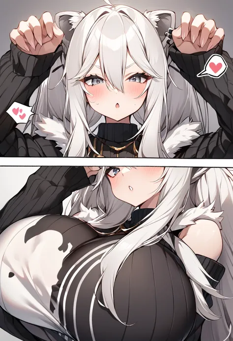 Shishirabotan、Black knitted clothes、Vertical sweater clothes、Black sweater、Huge breasts:1.5、sagging breast:1.5、1girl、portrait、spoken heart、face focus、straight hair、Twin tails、Slightly messy hair、White lion、claw pose