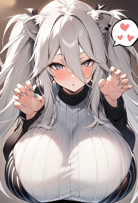 Shishirabotan、Black knitted clothes、Vertical sweater clothes、Black sweater、Huge breasts:1.5、sagging breast:1.5、1girl、portrait、spoken heart、face focus、straight hair、Twin tails、Slightly messy hair、White lion、claw pose