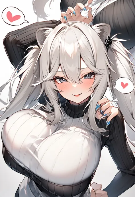 Shishirabotan、Black knitted clothes、Vertical sweater clothes、Black sweater、Huge breasts:1.5、sagging breast:1.5、1girl、portrait、spoken heart、face focus、straight hair、Twin tails、Slightly messy hair、White lion、claw pose