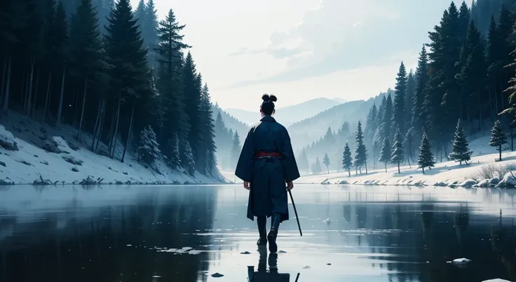 A side image with blue tones: a samurai walking in a lake