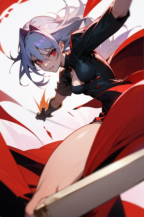 > **scene:** > A female blood demon advancing towards the camera with a threatening and seductive posture. His feet are bare and highlighted, showing his power and attractiveness. The camera is focused on his progress, highlighting his defiant attitude. Th...