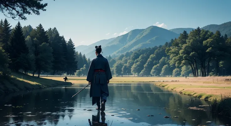 A side image with blue tones: a samurai walking in a lake