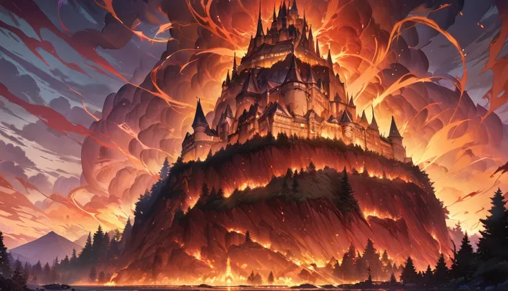 An ominous looking forested hill surrounded by aura of death with a castle on top, Masterpiece, The best quality, super detailed, Highly detailed