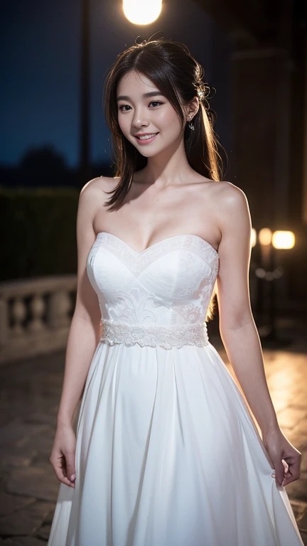 beautiful 25 year old  woman。she is wearing a summer wedding dress. she is smiling on illuminated by the evening church lights ....