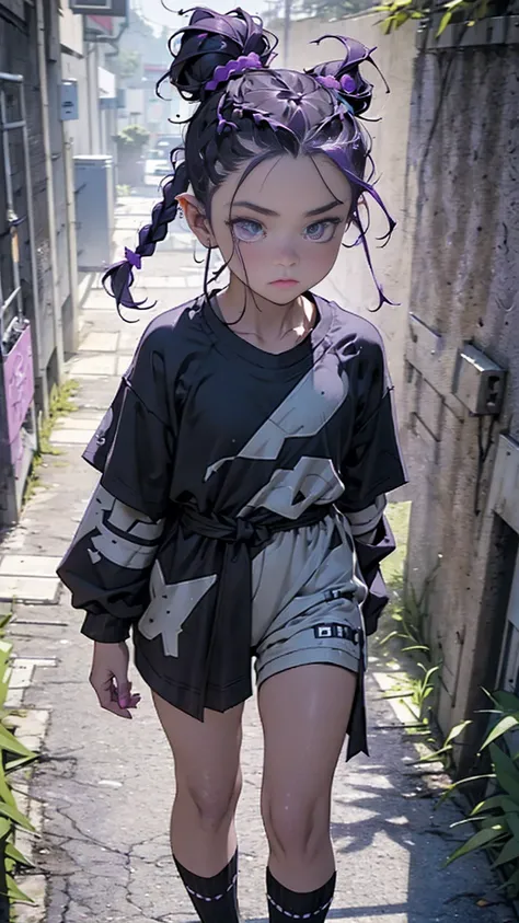 boy, thoughtful look, open forehead, black and purple hair braided into a ponytail on the left side in a bun. small curly black horns wrapped in white ribbon, pale violet eyes, short dark purple shorts. Long white t-shirt. dark purple knee socks. dark purp...