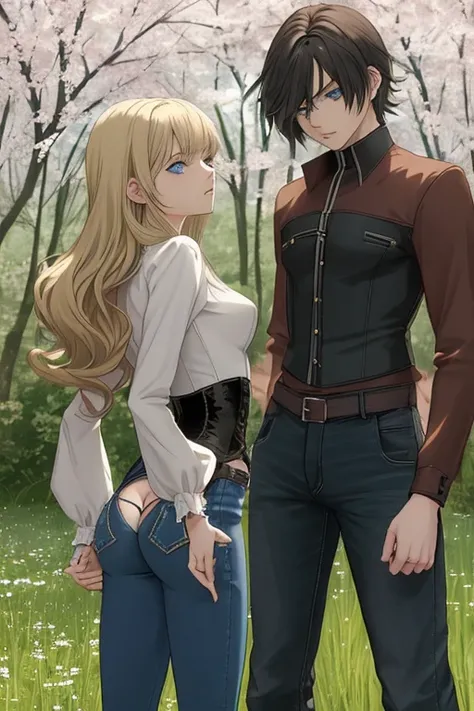 Anime style scene with a 21-year-old female character with a mature face, arching her back, and an adolescent boy standing behind her, looking her ass. The woman has long, waist-length, wavy blond hair, V bangs, and blue eyes, wearing a white blouse with a...