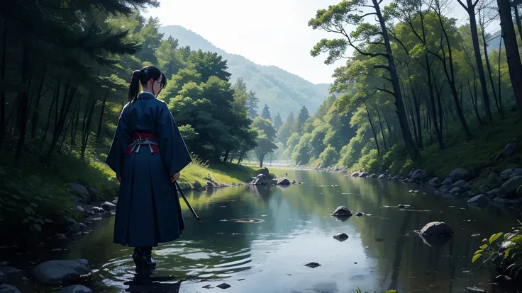 A side image with blue tones: a samurai woman walking in a lake