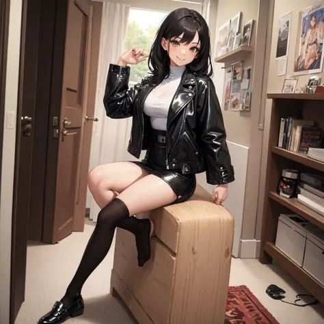 ((best quality)), ((​masterpiece)), (Detailed), 1 girl, big , Leather Jacket, Socks, light skin, Emo Stil, room, smile, milf, latex