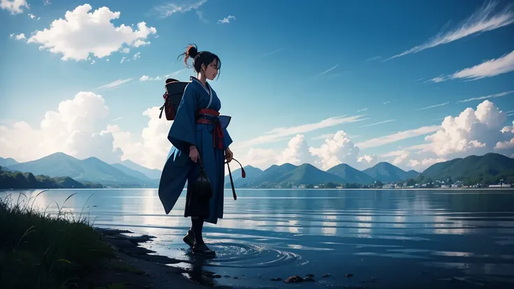 A side image with blue tones: a samurai woman walking in a lake