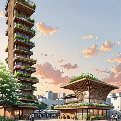 ew of a building and a tower, building is a flower market with wooden roof, roof is parametric and curved, tower is for urban agriculture and has visible steucture with plants crawing on it, lush vegetation, at sundown, anime sketch, pencil sketch, archite...