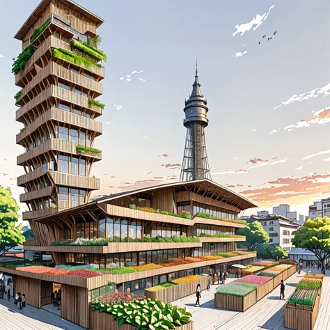 ew of a building and a tower, building is a flower market with wooden roof, roof is parametric and curved, tower is for urban agriculture and has visible steucture with plants crawing on it, lush vegetation, at sundown, anime sketch, pencil sketch, archite...