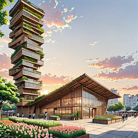 ew of a building and a tower, building is a flower market with wooden roof, roof is parametric and curved, tower is for urban agriculture and has visible steucture with plants crawing on it, lush vegetation, at sundown, anime sketch, pencil sketch, archite...