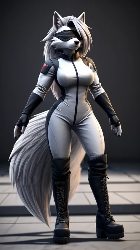 Loona from Helluva Boss, female wolf, mature adult, anthro, white hair, blindfold, white combat suit, boots, muscular, standing, solo, beautiful, high quality, front view, 4K