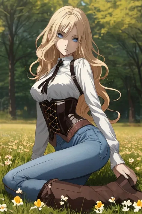 Anime style scene with a 21-year-old female character with a mature face, arching her back, and an adolescent boy whith the face in middle of her legsThe woman has long, waist-length, wavy blond hair, V bangs, and blue eyes, wearing a white blouse with a c...