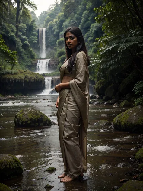 An indian beautiful girl wearing saree her age is 29, in rainy forest, rainy weather, waterfall, river, mountains 