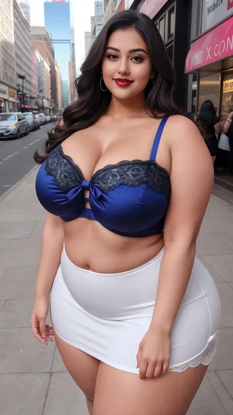 Gia manek beautiful Indian actress curvy plus size big huge figure, bigger hour glass hips, up to down 45 degree angle full body shot, wearing Royal blue printed color, SHEIN BAE Womens Bow Decorated Shoulder Strap Sweetheart Camisole Lace Patchwork Fluffy...