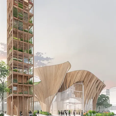 ew of a building and a tower, building is a flower market with wooden roof, roof is parametric and curved, tower is for urban agriculture and has visible steucture with plants crawing on it, lush vegetation, at sundown, anime sketch, pencil sketch, archite...