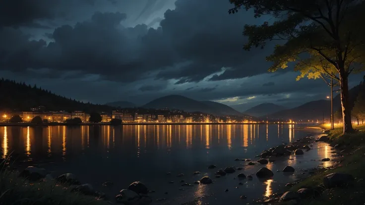 A landscape on a rainy night